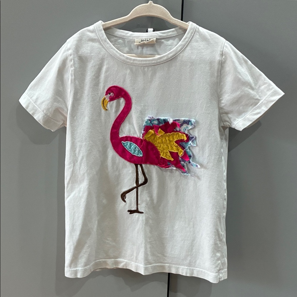 Mini Boden White Tee with Bright Pink Flamingo Appliqué